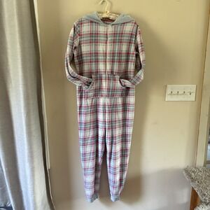 Cuddl Duds Fleece Pink Grey Blue White Plaid Pajama Jumpsuit Women's Medium